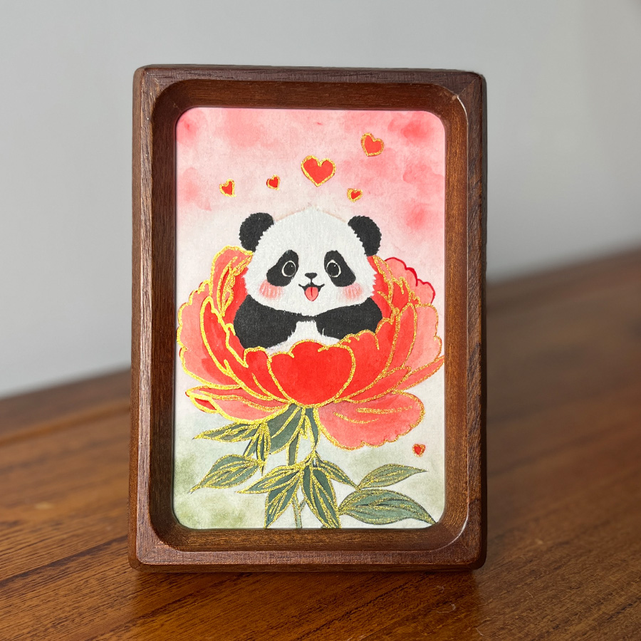 【牡丹熊猫】6寸纯手绘国风新中式客厅家居装饰画手绘艺术摆台