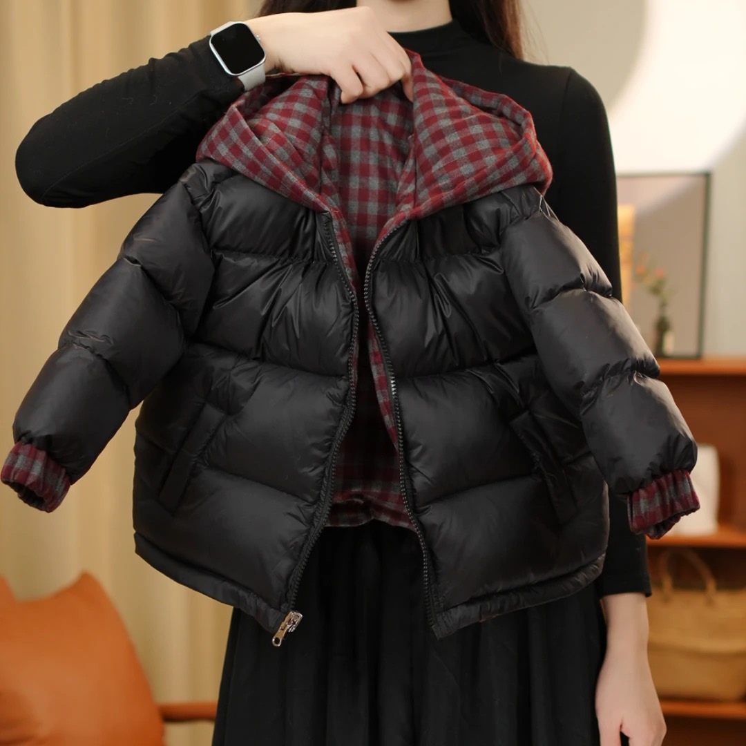 【西西】2025童装男童冬季棉服加厚保暖外套儿童格子两面穿连帽棉服