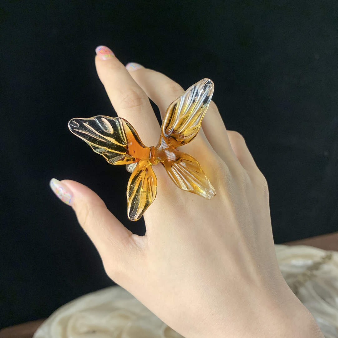 非金属玻璃戒指 玻璃渐变色蝴蝶戒指