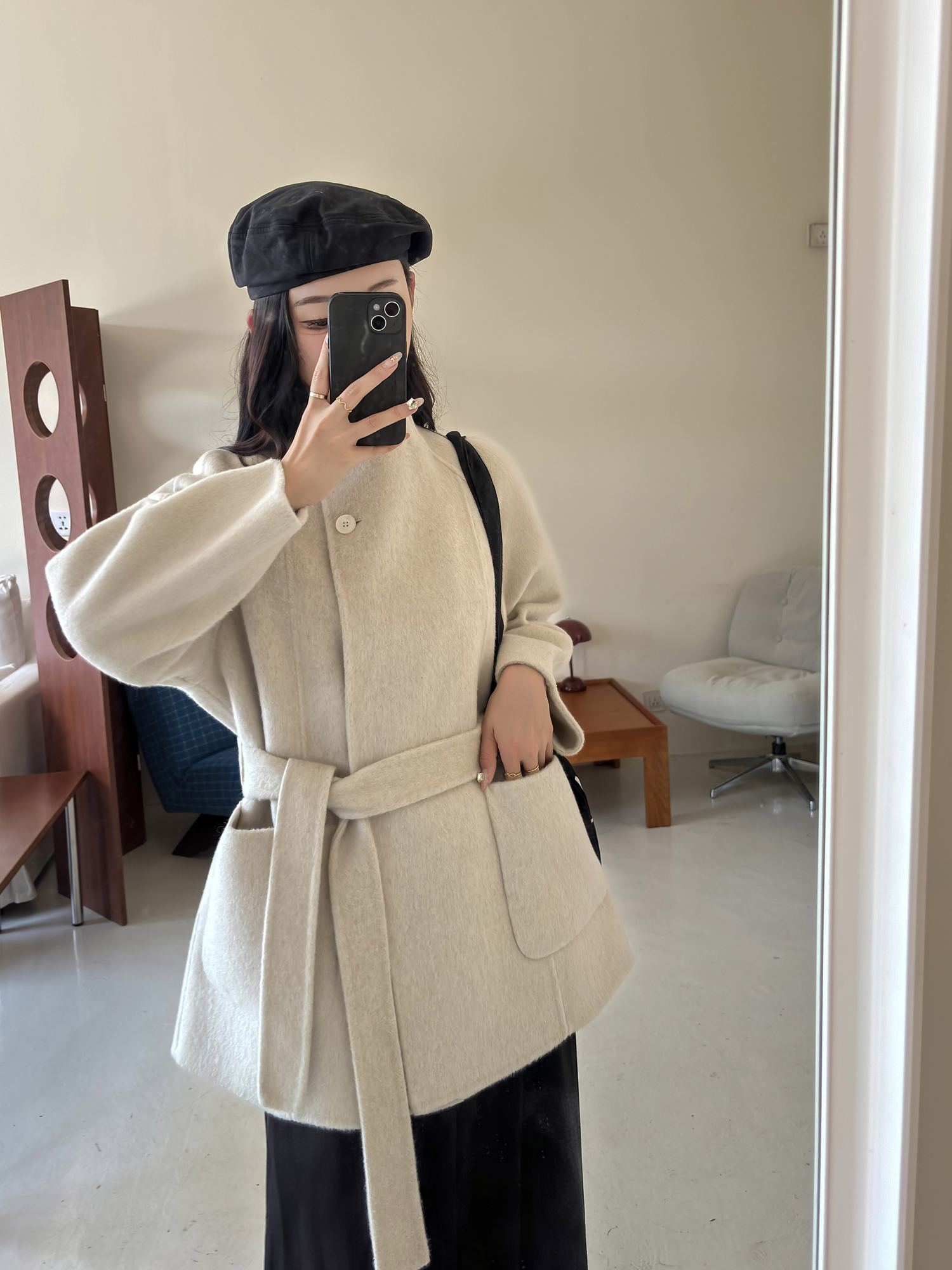 【BF】千金风立领系带宽松显瘦双面呢羊毛大衣中长款外套