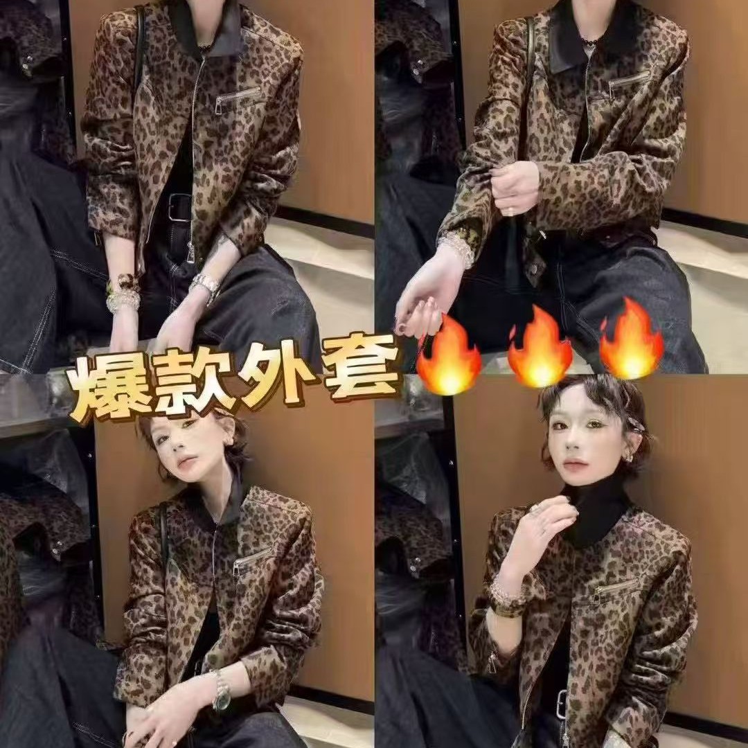 短款秋季直下摆豹纹女适中短外套长袖春季厚款常规款