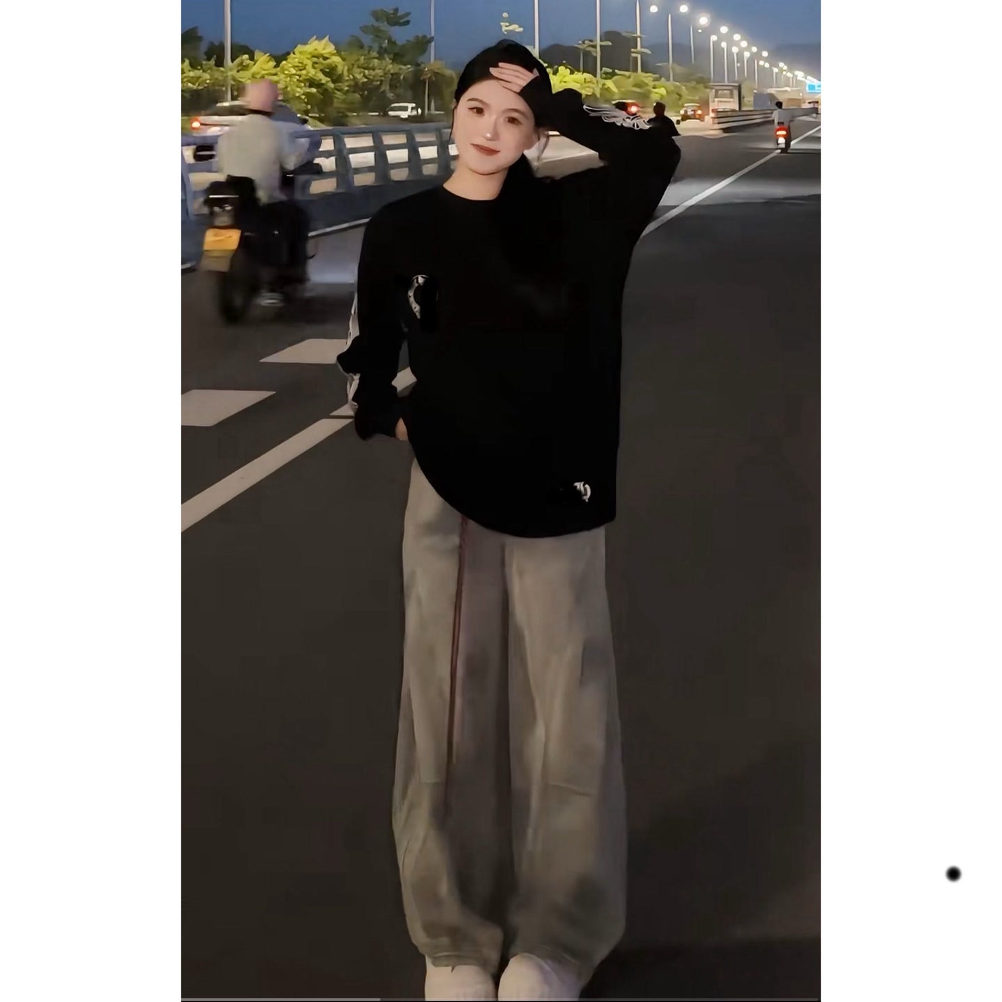 YOO[韩系风]欧美街头宽松情侣装长袖一复古高街通勤阔腿裤523一