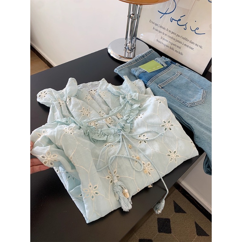 运补6-8 衬衫+半身裙”一整套温柔风花边系带重工刺绣