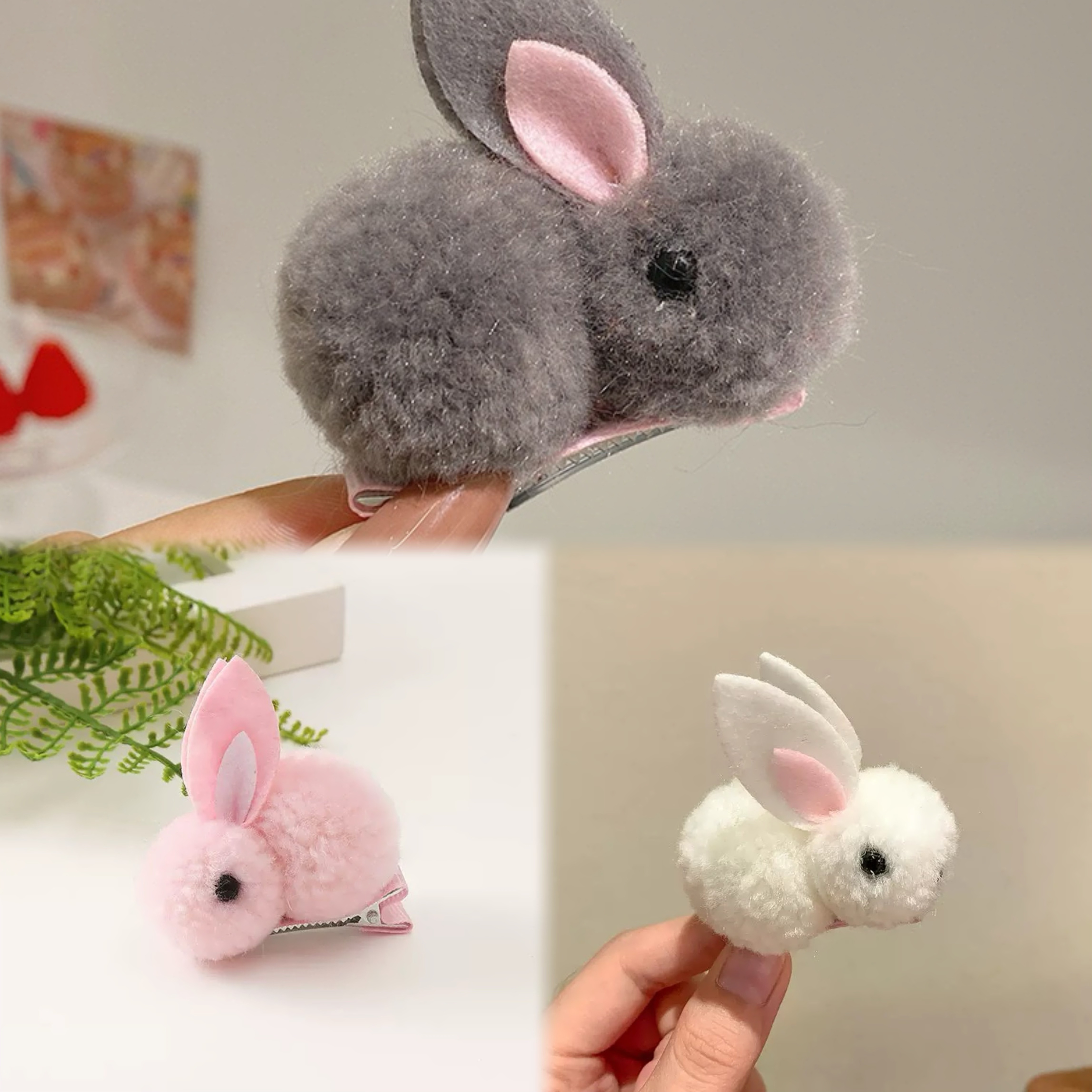 韩系可爱毛茸茸小兔子网红软萌侧边刘海兔耳朵发夹1850+1849+1848