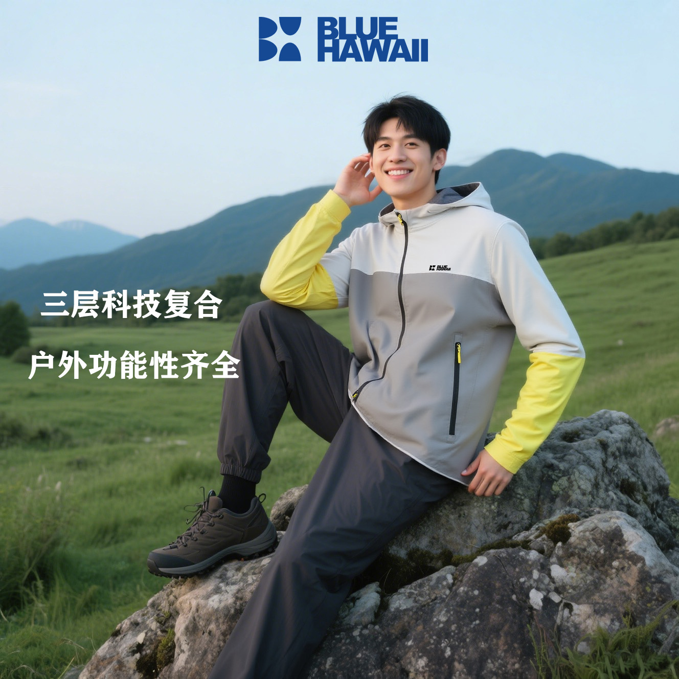 蓝色极限户外硬壳冲锋衣2025新款轻量徒步登山滑雪防风防水透气男