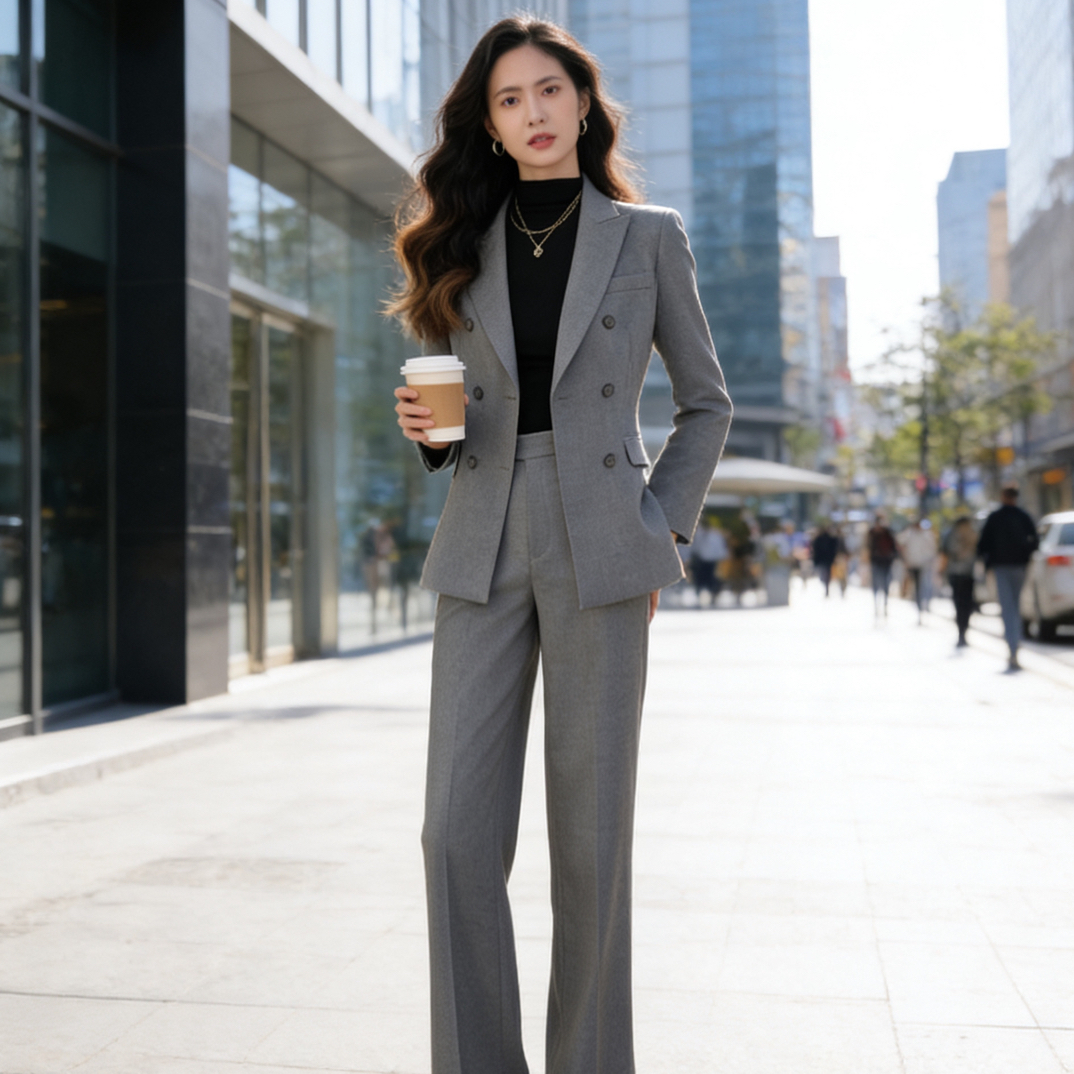 冬季羊毛加厚女阔腿裤西装两件套装时尚通勤职业西装灰色气质正装