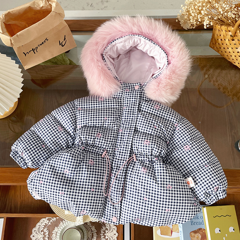 【现货】DW252267冬季新款女童羽绒服连帽大毛领90白鸭绒女宝外套