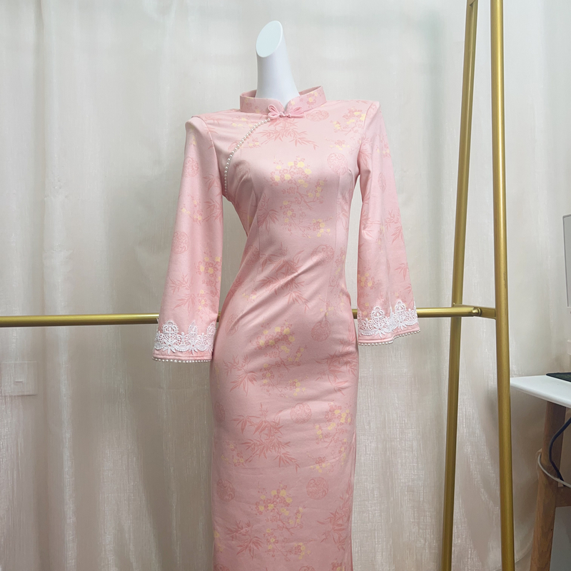 V-3289  苏城粉 雪花绒 国风新中式秋冬年轻款改良旗袍120cm长款