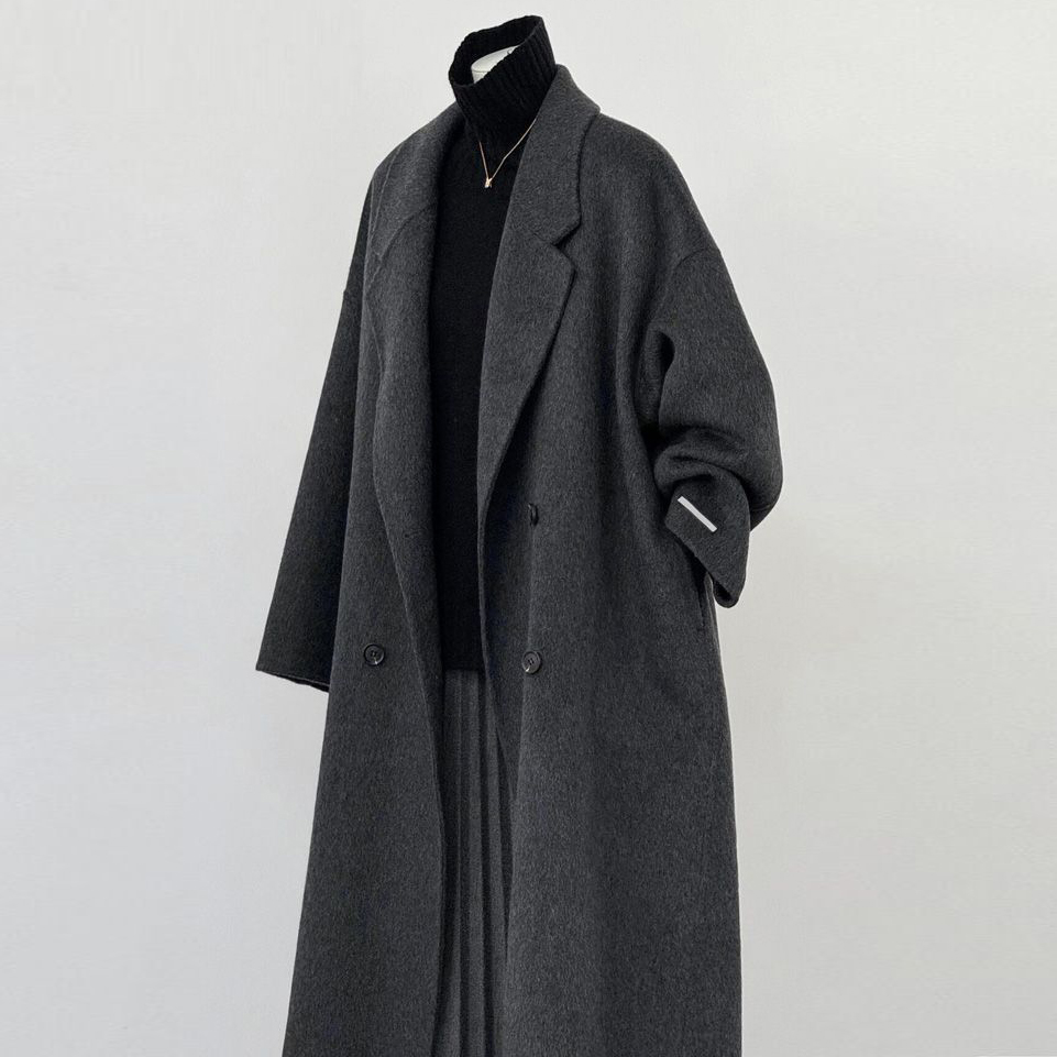 2025秋冬爆款韩系黑色双面羊绒大衣女中长款宽松高级感羊毛呢外套