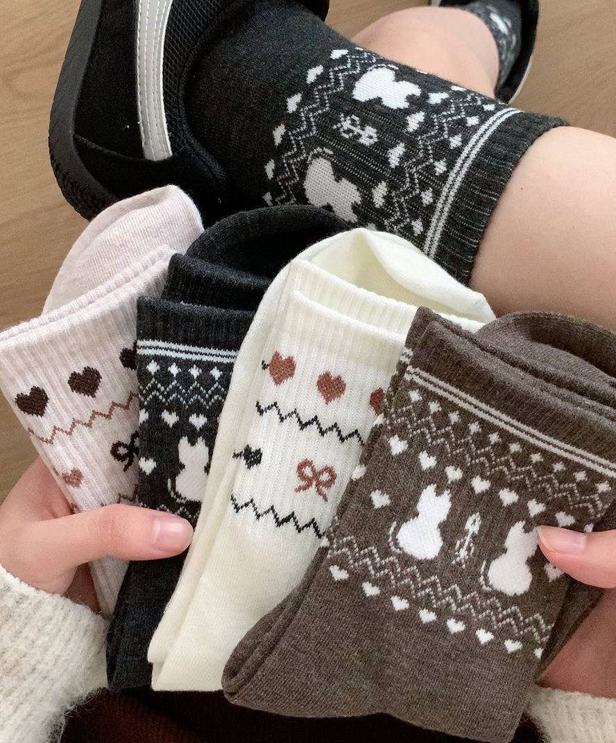 秋冬加厚费尔岛奶咖女袜中筒小猫蝴蝶结日韩系ins风纯棉