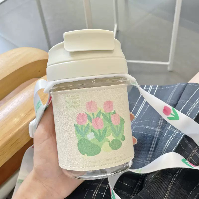 新款郁金香水杯珍珠手提链条带吸管夏季女生玻璃杯泡花茶便携杯子