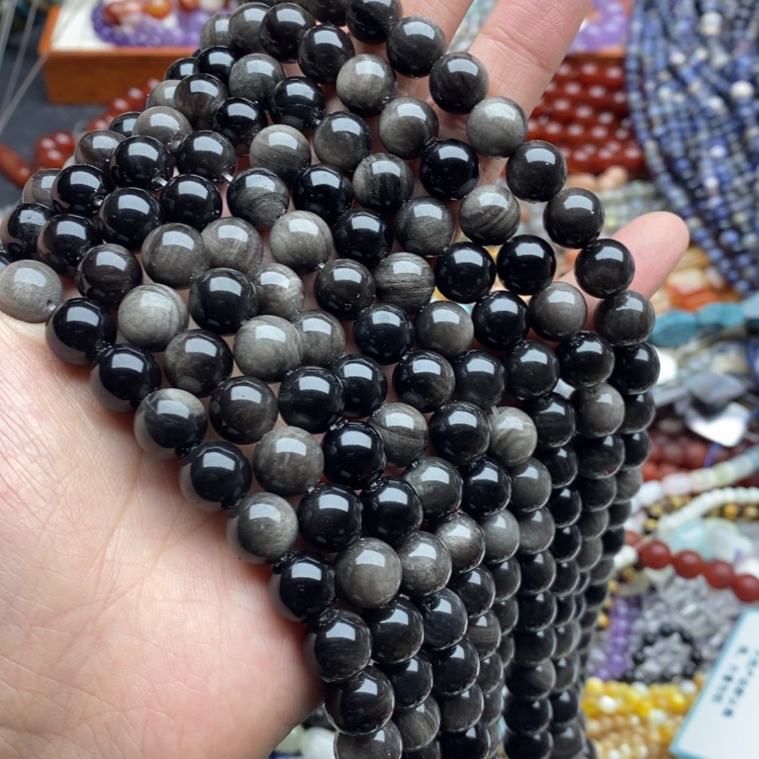 玛瑙/玉髓未镶嵌珠宝半成品一条天然10mm银曜石圆珠