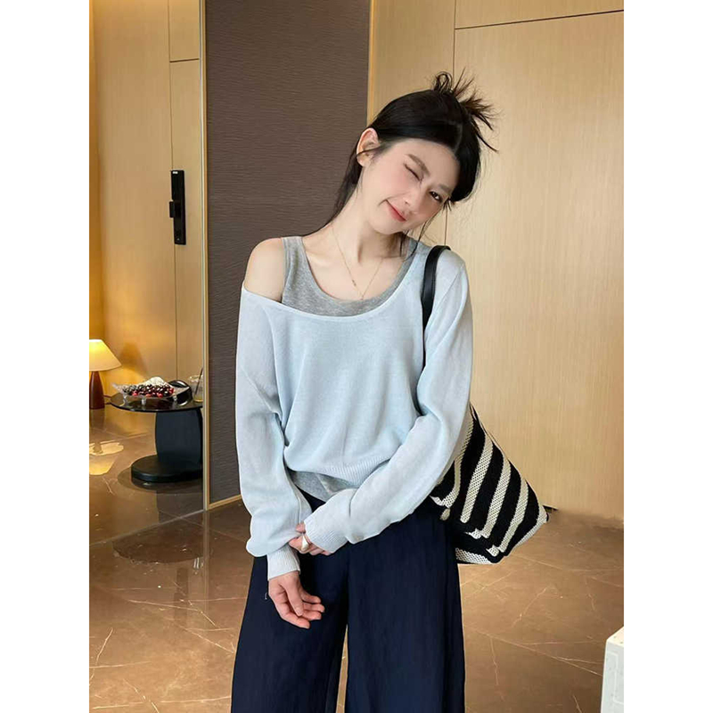 韩系chic蓝色假两件斜肩低领长袖针织衫女春秋新款别致宽松上衣
