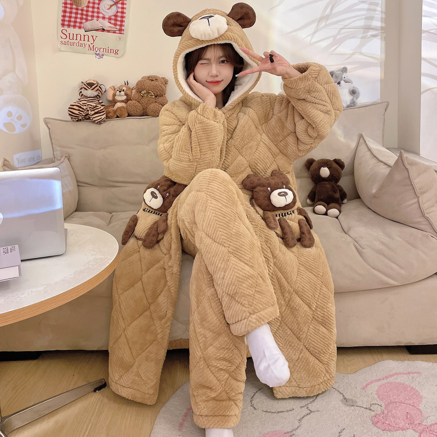 【6810咖色冬季新款袍套睡衣】女士三层加厚加绒夹棉睡衣套装可外穿