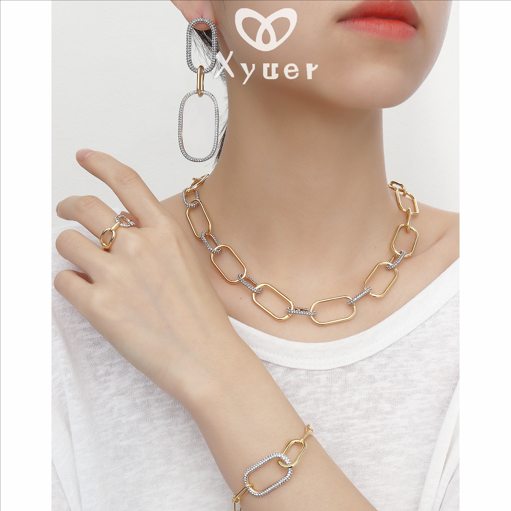 铜合金合成锆石项链 Xyuer谢雨儿高品质定制多圈环扣款四件套