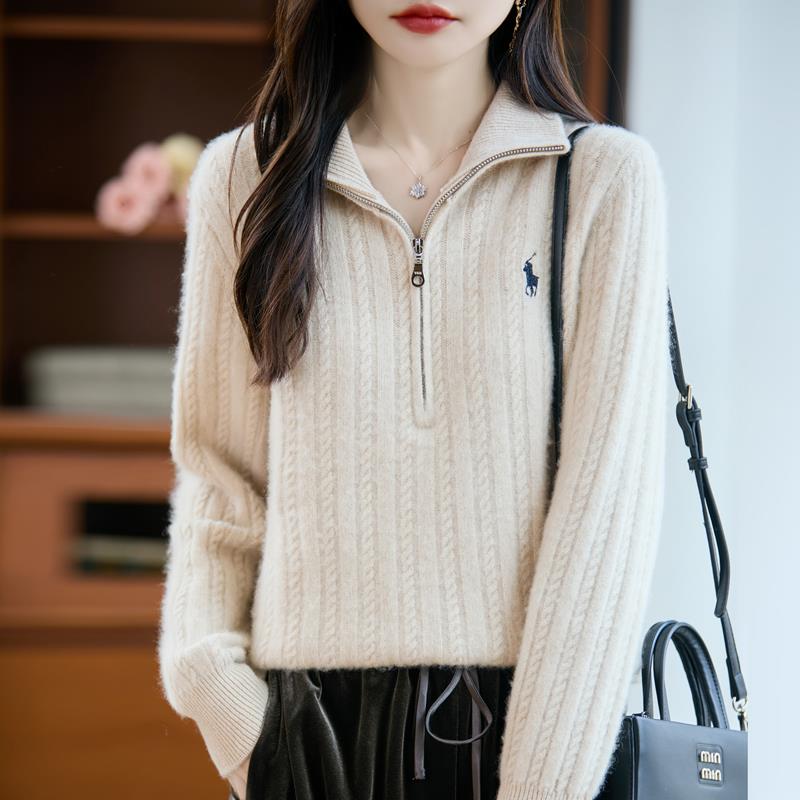 秋冬新款纯羊毛衫女刺绣半拉链翻领绞花针织衫宽松显瘦毛衣打底衫