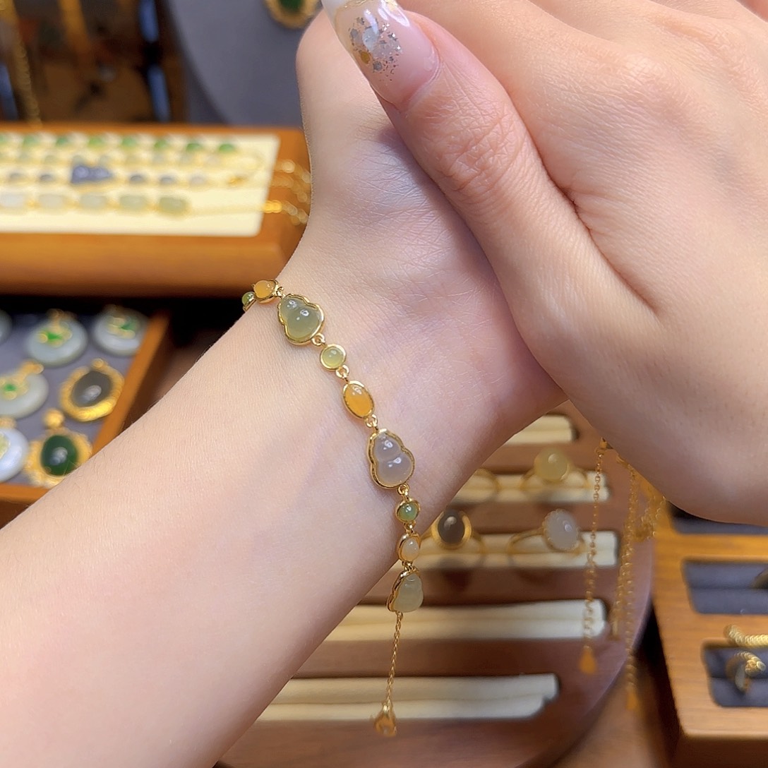 和田玉手链银S925镀金镶嵌