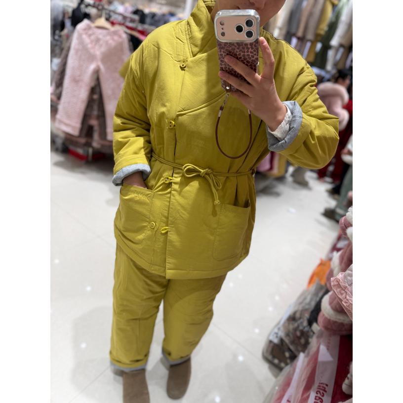 原创立领中式三层加厚夹棉加绒宽松冬季可外穿家居服套装女