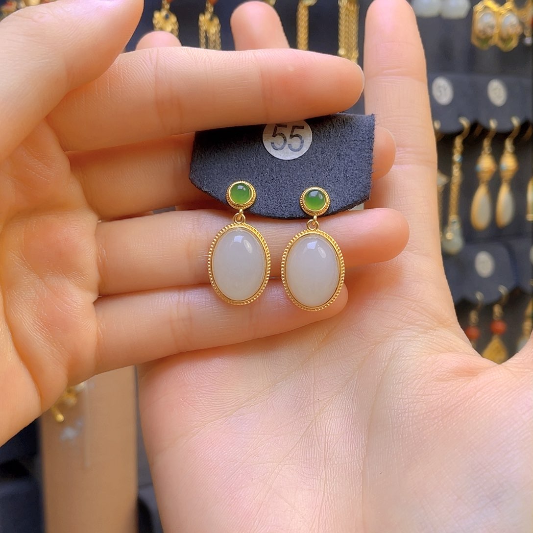 和田玉耳饰银S925镀金镶嵌