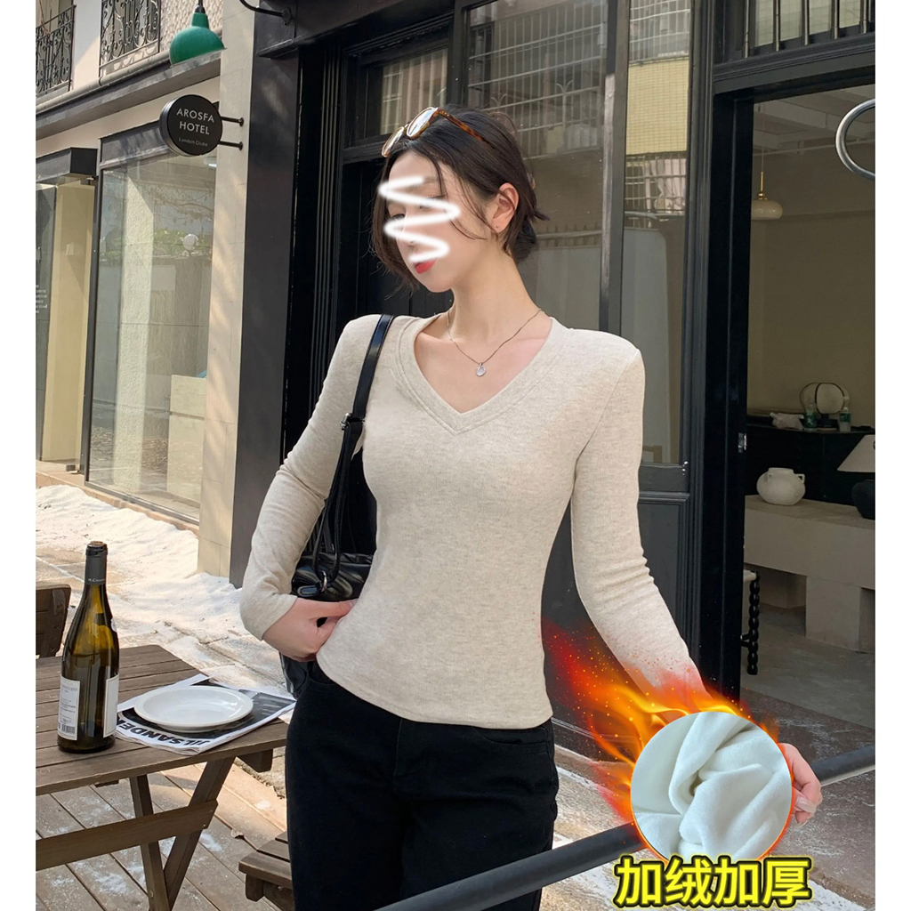 【有运险】摇粒绒加绒加厚长袖T恤女正肩V领掐腰显瘦冬季内搭修身