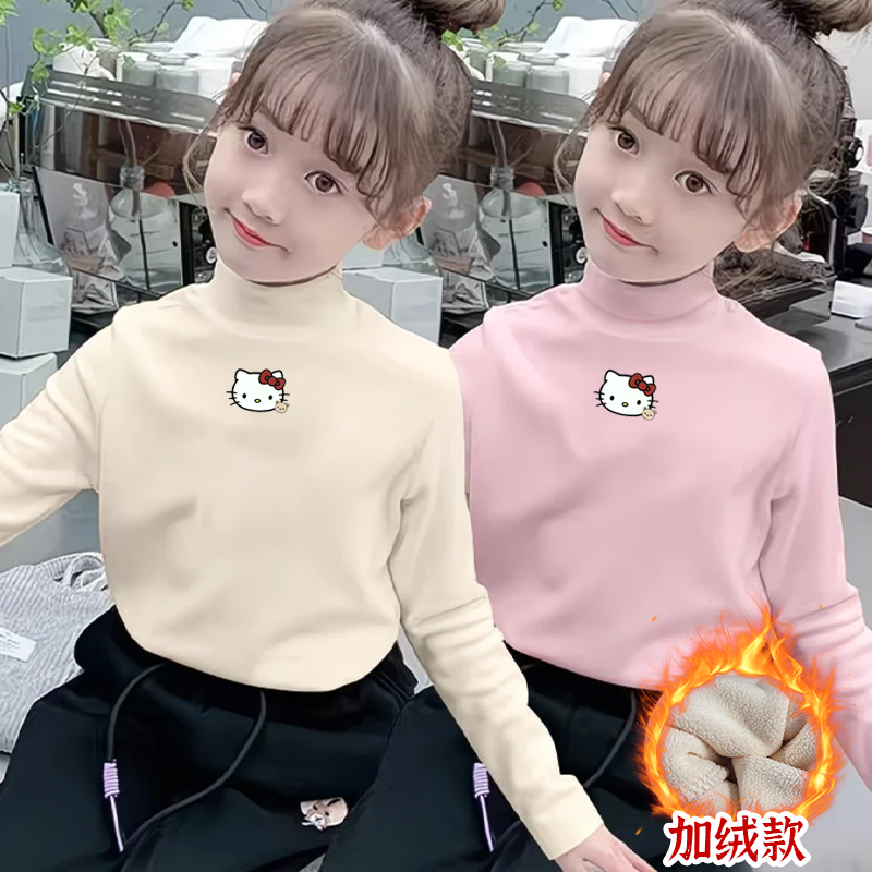 儿童秋冬加绒打底衫女童卡通KT猫印花长袖宝宝学生百搭上衣T恤