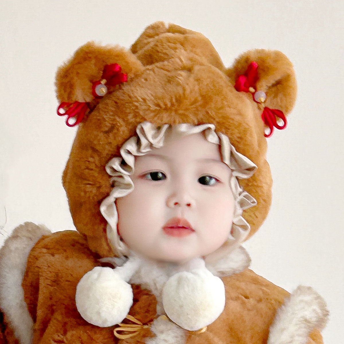宝宝秋冬毛绒绒外出小帽子婴儿卡通小熊耳朵护耳帽Z1240
