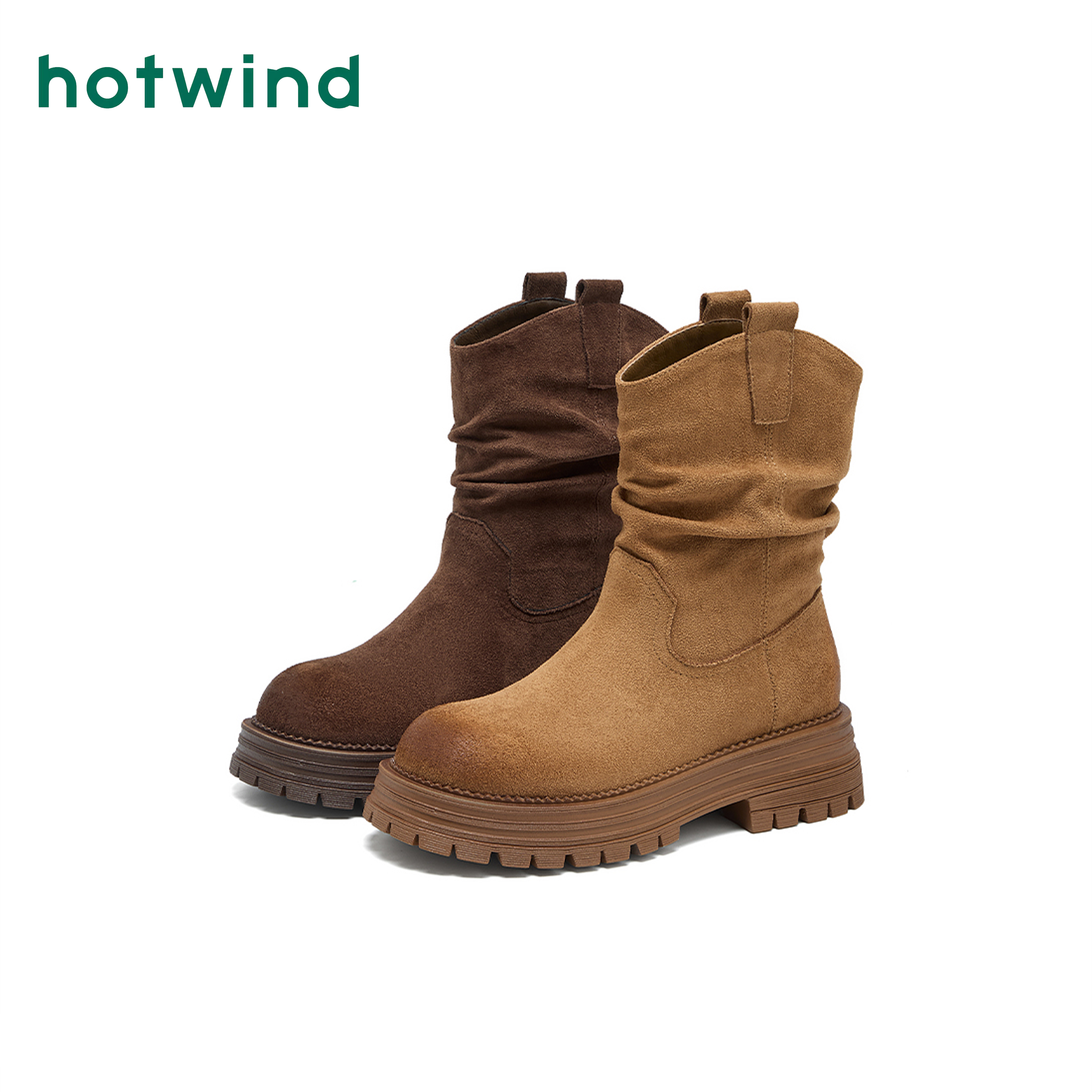 Hotwind/热风2025年新款秋冬季复古褶皱堆堆靴慵懒风时尚短靴