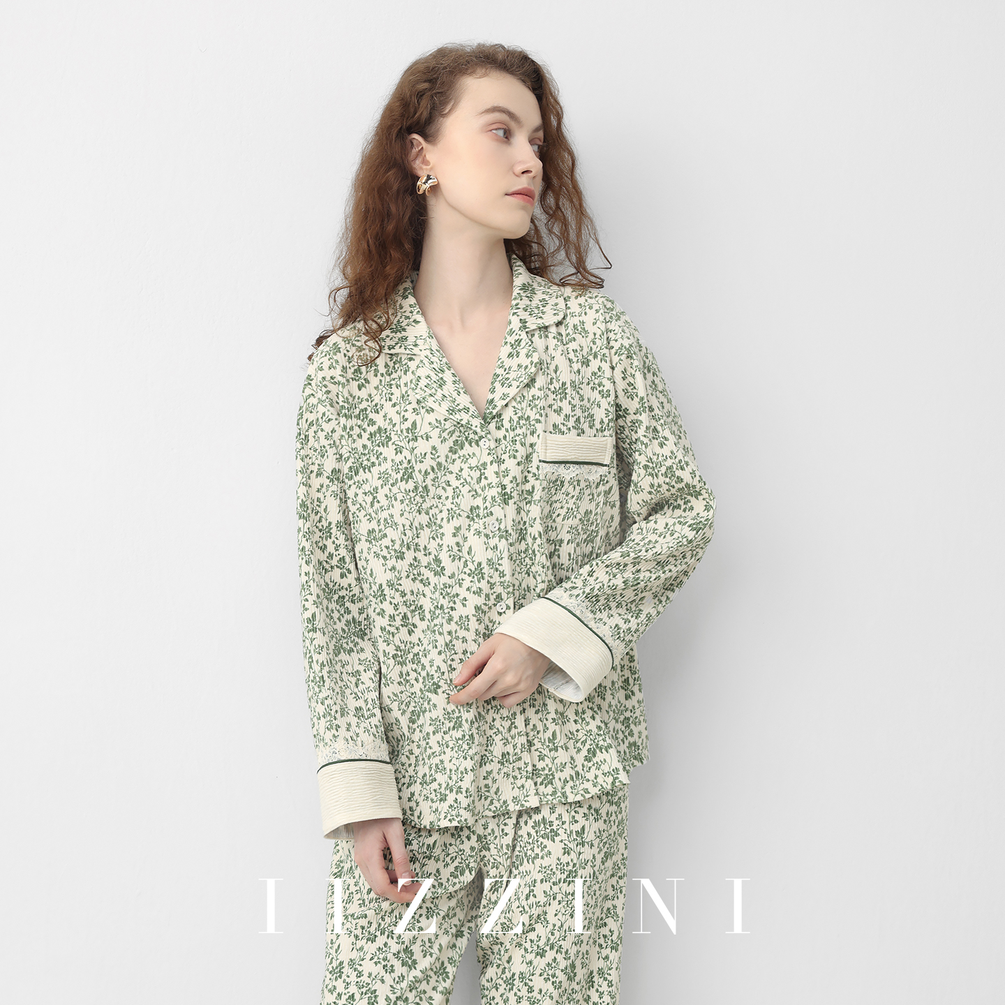 IIZZINI 铁线莲 睡衣女秋冬季长袖薄款珊瑚绒国风奢华家居服套装