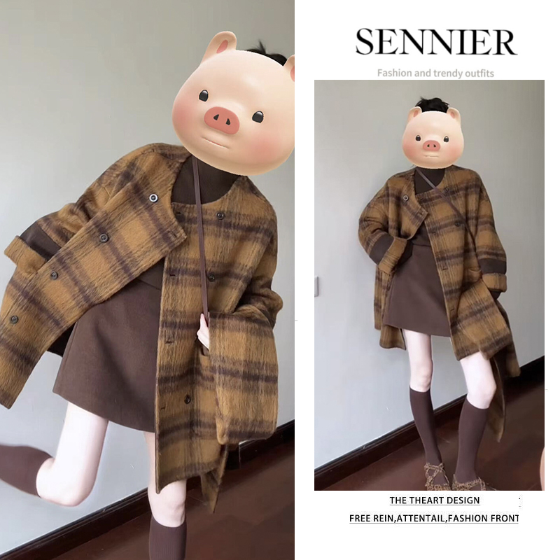 【现货】2025秋季新款复古格子中长款外套显瘦打底上衣短裙三件套装