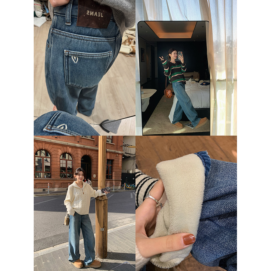 张贝贝 冬日氛围 刺绣爱心 零下一体绒牛仔裤