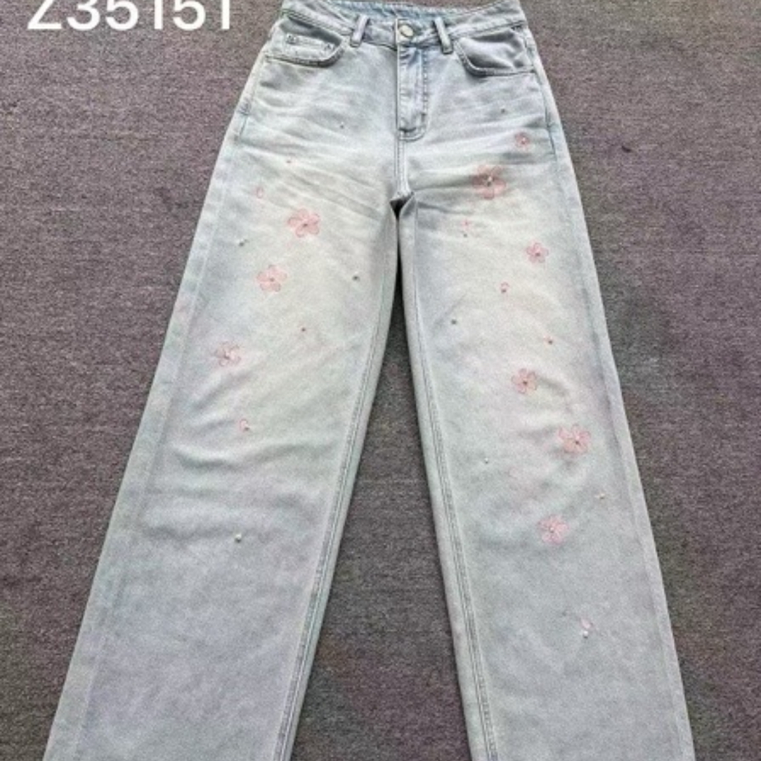 D50754印花钉珠弹力垂感高腰显瘦百搭阔腿牛仔裤