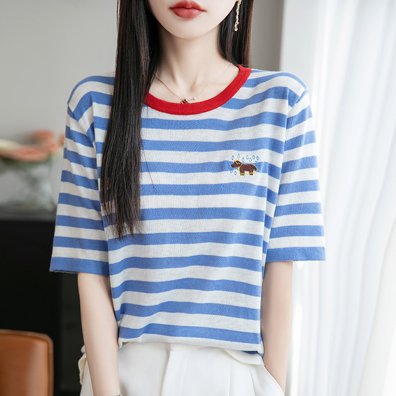 羊范设计感条纹撞色圆领短袖女士精纺超细羊毛针织衫百搭显瘦上衣