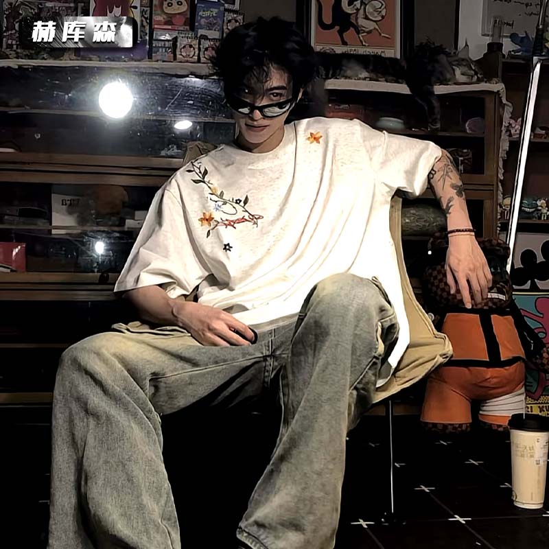 赫库森纯棉透气短袖休闲运动圆领美式潮牌复古百搭夏季宽松体恤衫