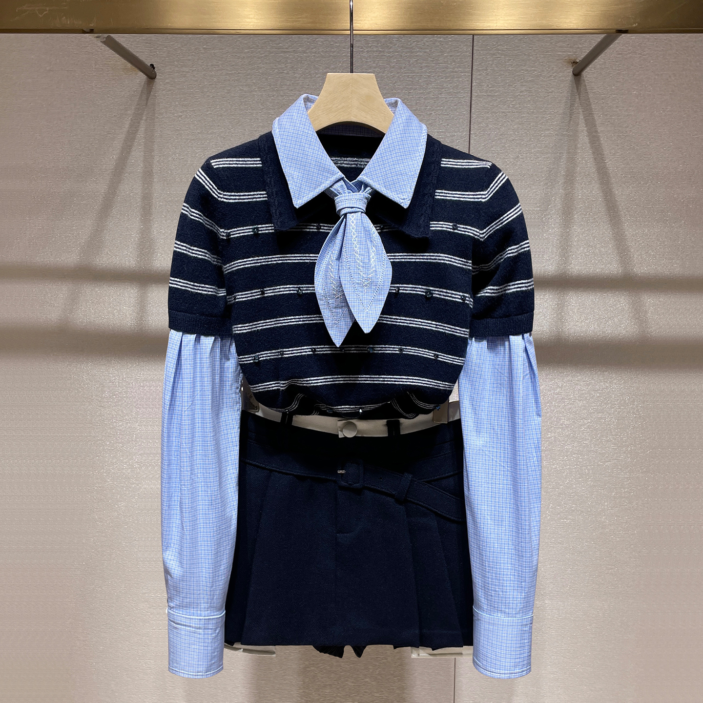 学院风时尚套装2025秋冬新款假两件撞色拼接条纹针织上衣高腰裙裤