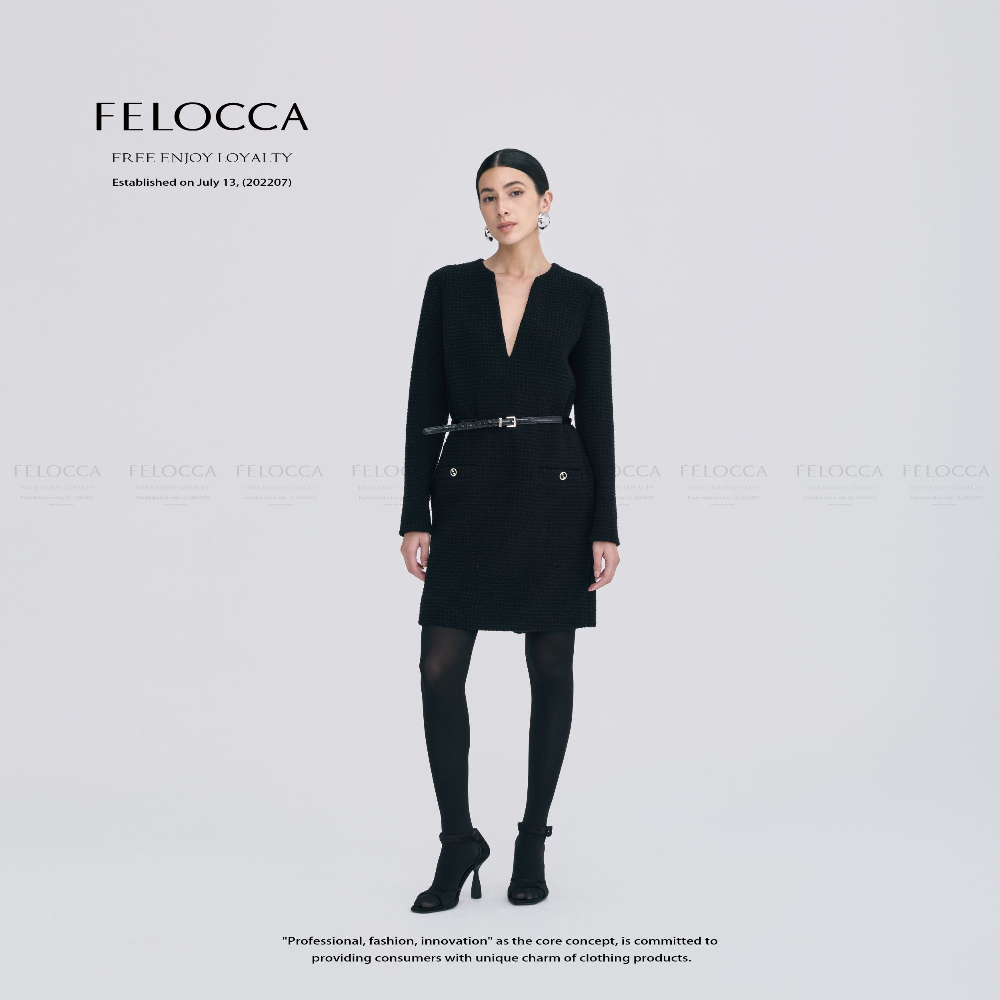 【FELOCCA】小香宽松V领连衣裙长袖时尚气质配腰带裙子25ALQ487