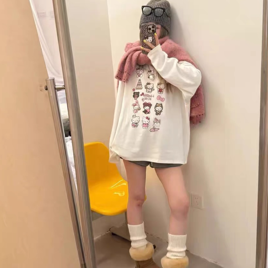 【東Room】2025冬季新款时尚宽松显瘦磨毛卡通印花长袖T恤秋冬女