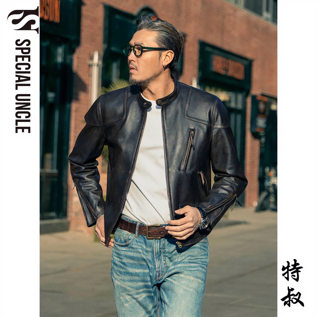 特叔【皮衣】皮衣轻薄牛皮毒液茶芯复古休闲立领皮夹克男款爆款