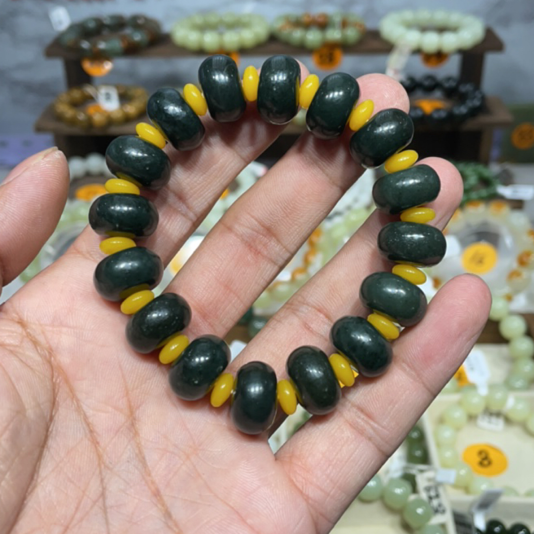 和田玉卡15➕沙枣青算盘珠手串
