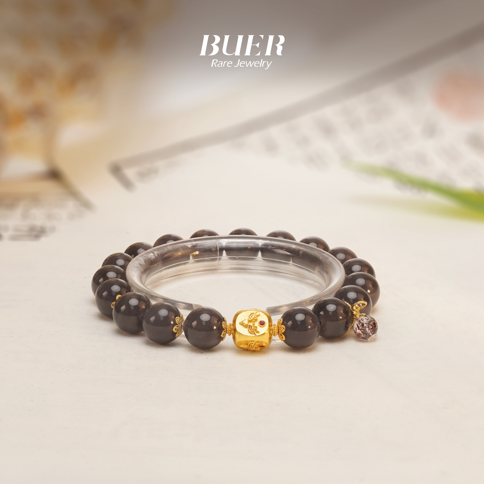 【不二珠宝】和田玉烟紫18K金DIY单圈手串9mm+