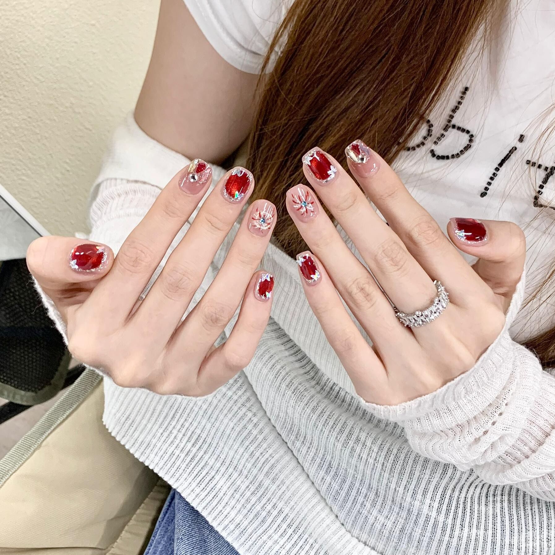 【告白烟火】穿戴甲短款气质猫眼美甲红色手工穿戴美甲高级百搭显白