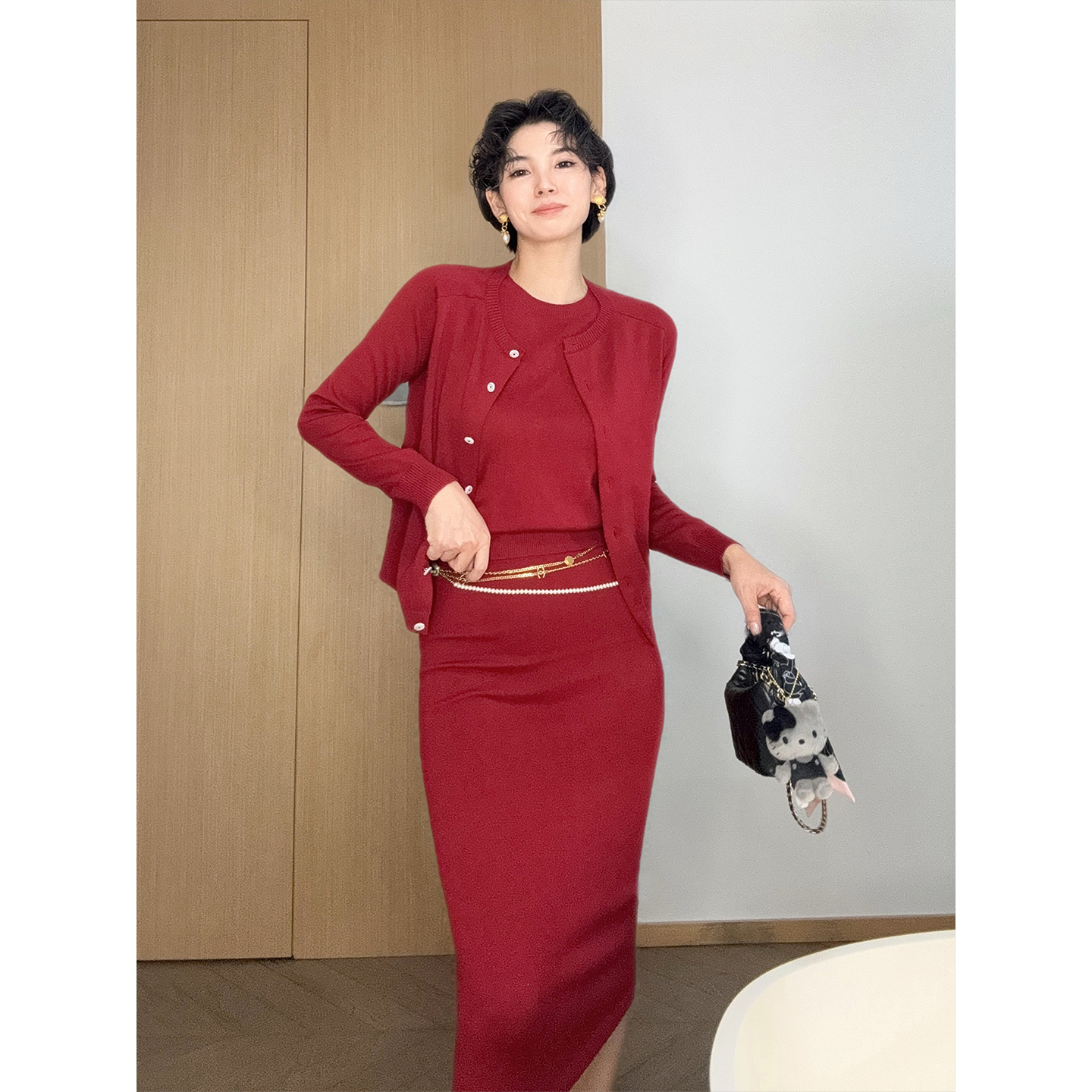 Daily romance25"Merry Christmas"波尔多红显白贝母针织套装