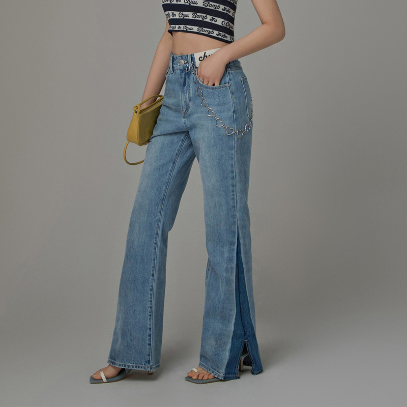 B001【金拐子专属】CHUU直筒高腰做旧水洗休闲轻薄韩系牛仔裤-F