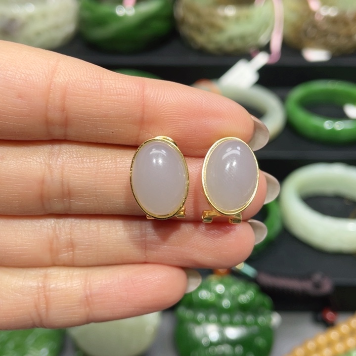 和田玉耳饰银S925镶嵌