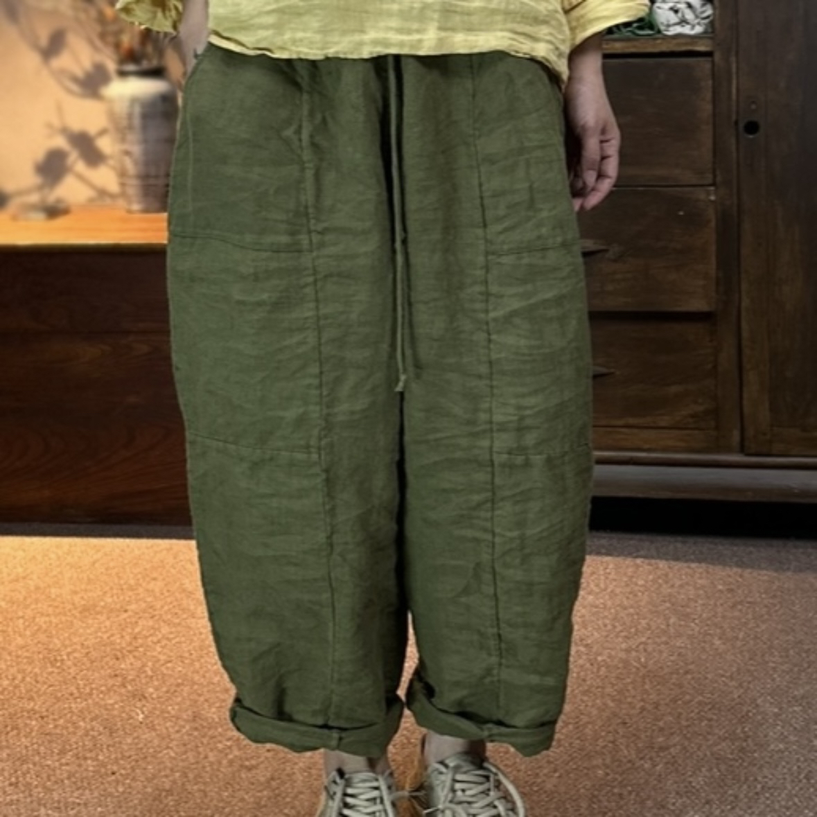 纯衣不染/早秋新款「子然」加厚砂洗亚麻休闲复古不规则拼片长裤