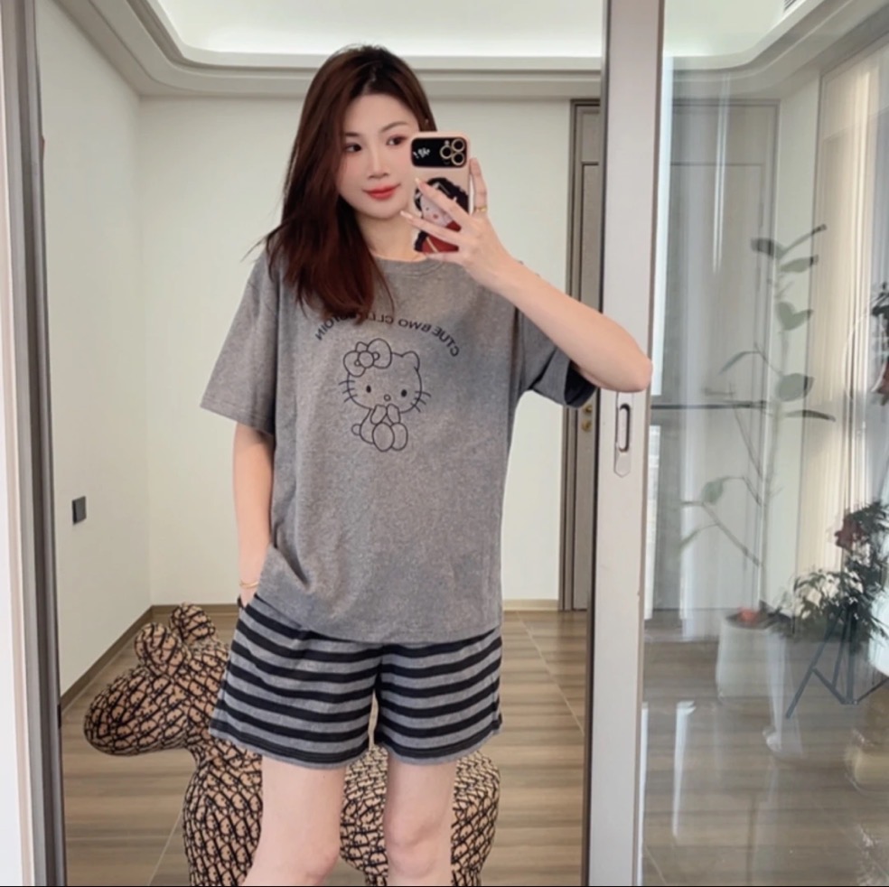 睡衣女夏季纯棉短袖短裤家居服夏天休闲套头圆领套装 Y8085