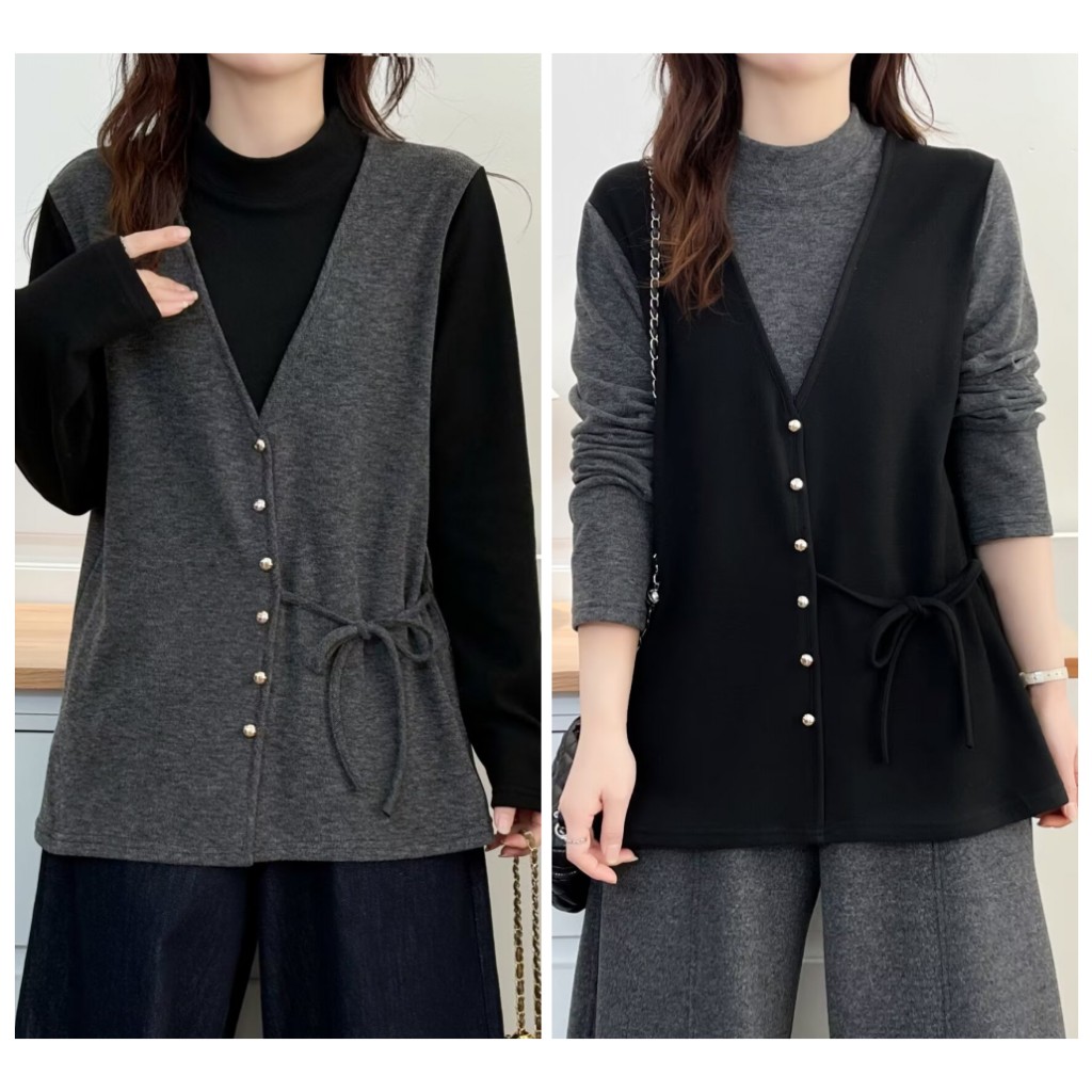 115-195斤大码女装假两件拼色显瘦遮肚子收腰保暖长袖T恤打底衫