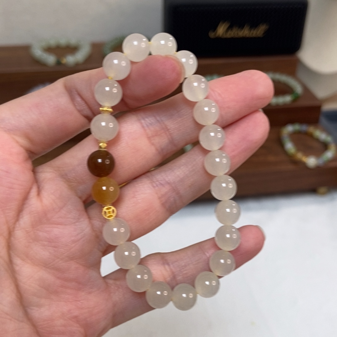 手链18K金镶嵌和田玉蜂蜜水8mm高冰底