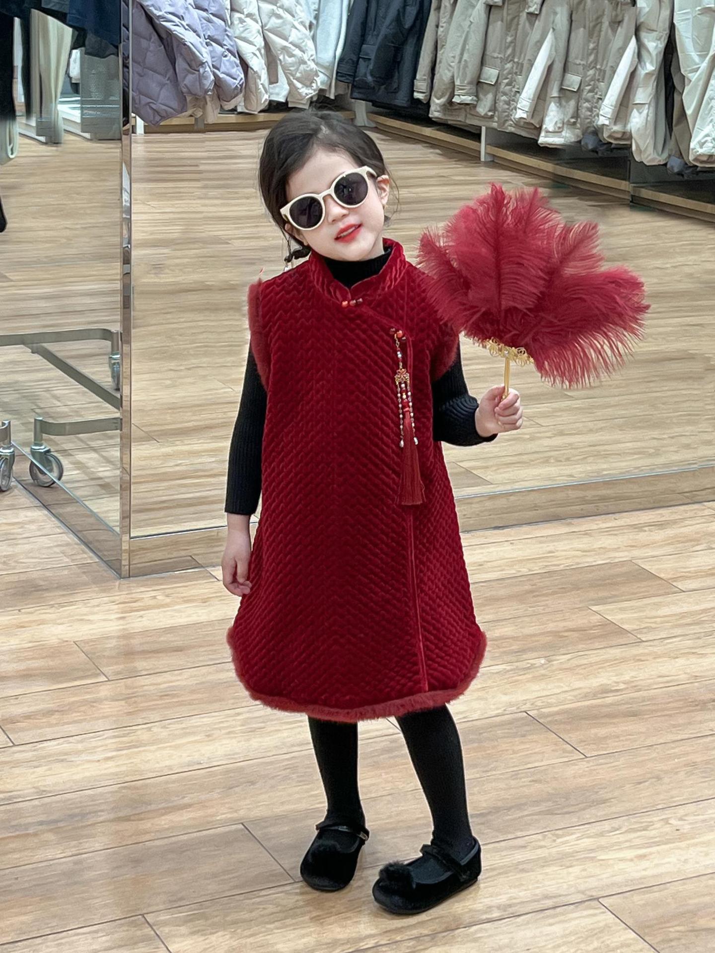 PAOFUPP女童新年装拜年服周岁礼服套装显白红色国风夹棉旗袍裙子