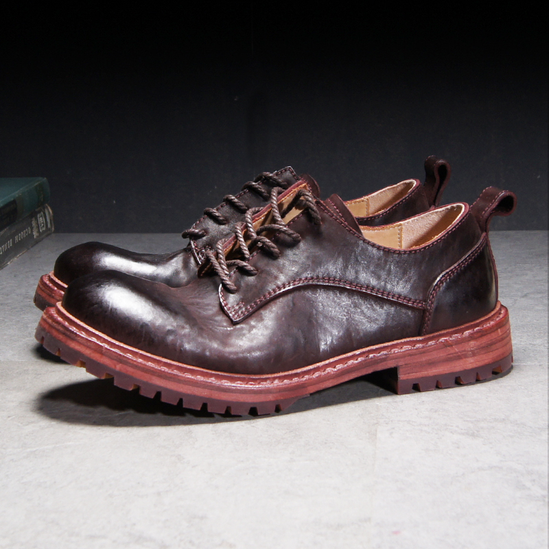 虫二坊男士德比鞋马臀皮手工沿条固特异栗木皮底低帮皮鞋商务复古