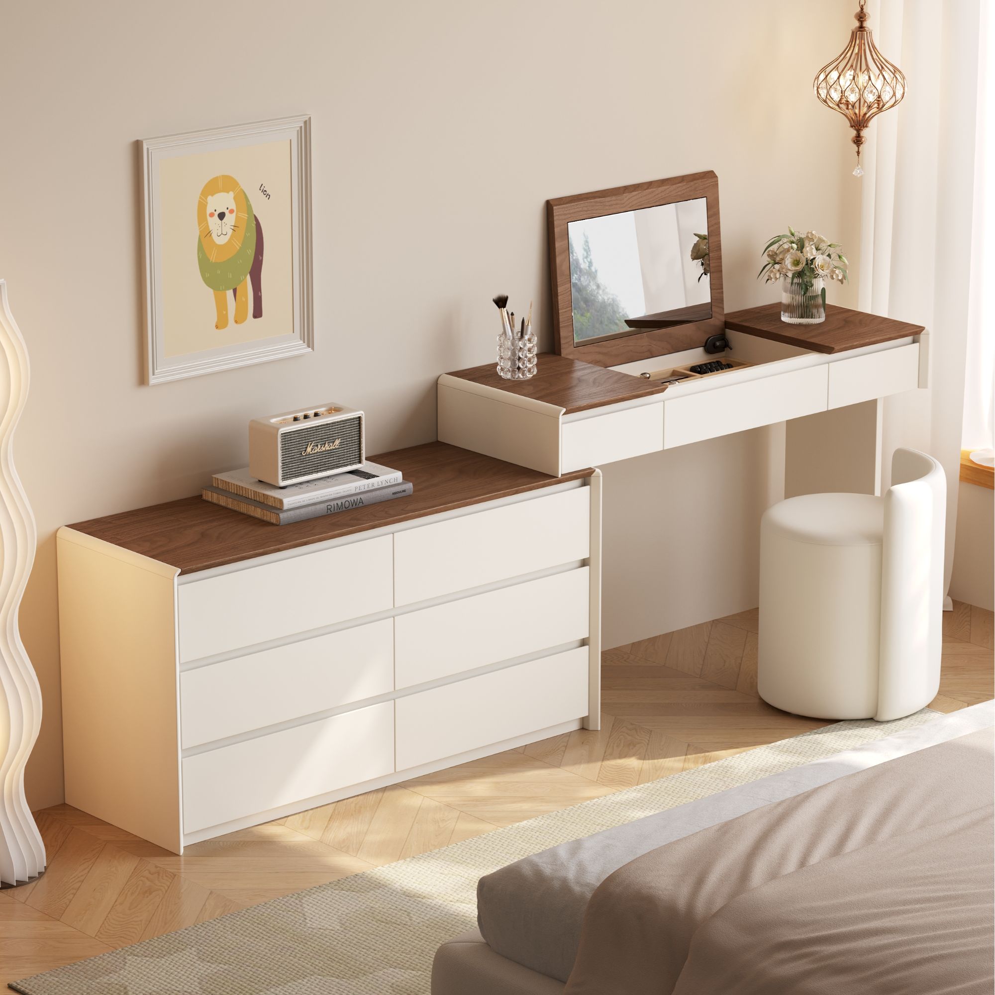 实木烤漆梳妆台奶油风斗柜卧室简约现代2025新款化妆台一体化妆卓